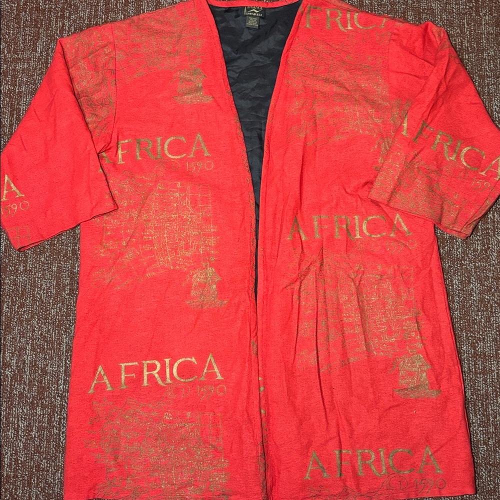 Vintage Red Kimono “Africa” metallic print oversize open front duster oversize